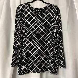 Chico’s Size 3 (XL) Black White Abstract Grid Print Top 3/4 Sleeve Stretch